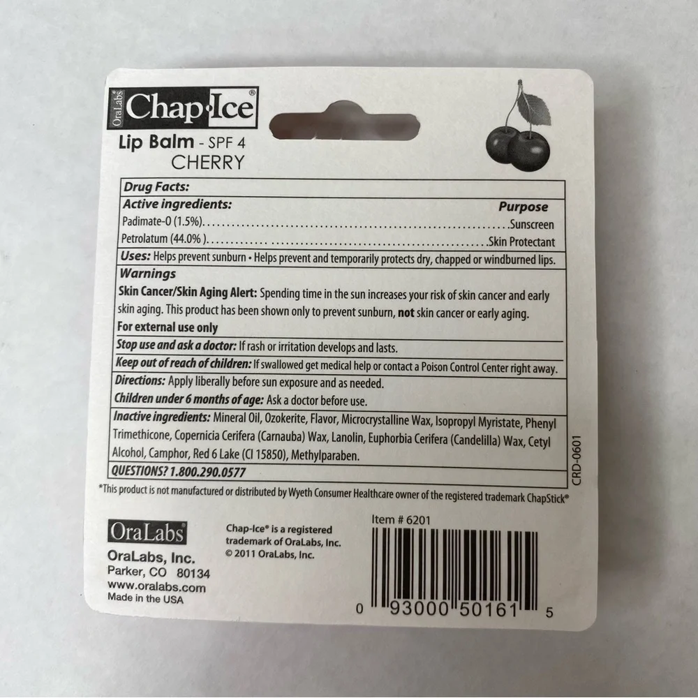 Chap Ice Lip Balm SPF 4 Cherry by Oral Labs 3 Pack